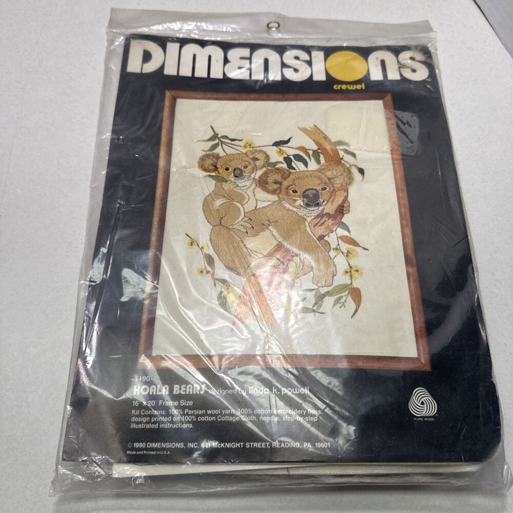 VTG Dimensions Crewel Kit 1190 Koala Bears 1980 - Size 16 X 20 - Persian Wool